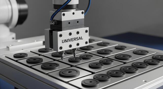 End-effector tool plate with universal bolt pattern in buffer table, natural lighting, deep focus, ultrasharp textures photo