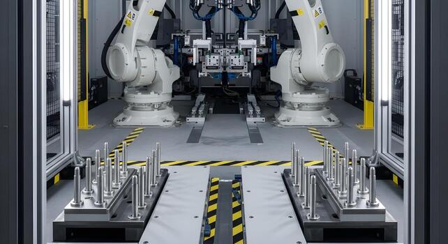 Robot base shims and dowels in mirrored layout on workcell floor with safety tape, light curtain posts, natural light, deep focus photo