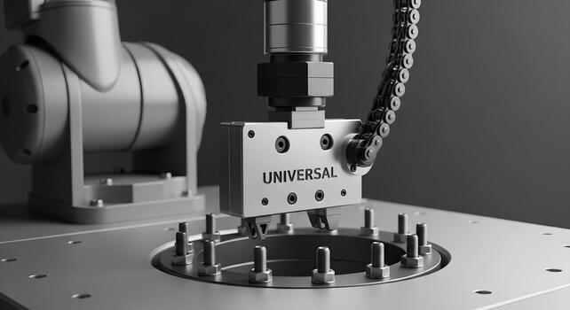 Robot end-effector tool plate with universal bolt pattern and cable chain arc, clean, brand-neutral, and editorial safe. photo