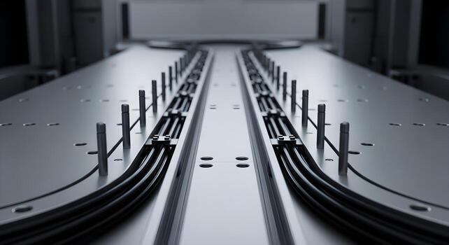 Robot base shims, dowels in mirrored layout, cable trough, smooth curves, anchor points. Natural lighting, deep focus, sharp texture photo