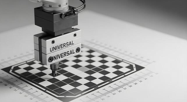 End-effector tool plate on calibration board, checker pattern, deep focus, sharp textures, clean, brand-neutral. photo