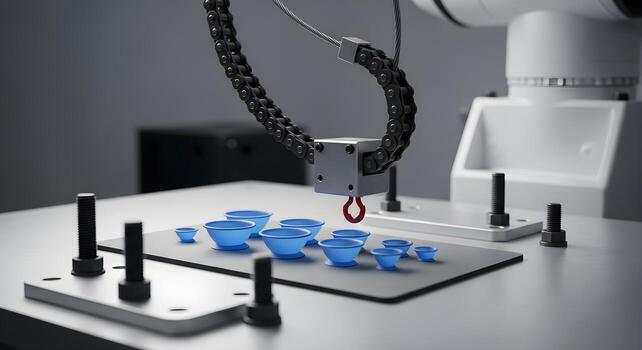 Vacuum cups in size gradient on mat within robot base, with reflections photo