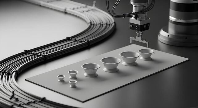 Vacuum cups in size gradient on a mat, within a cable trough run with smooth curves and anchor points, for engineering and safety. photo