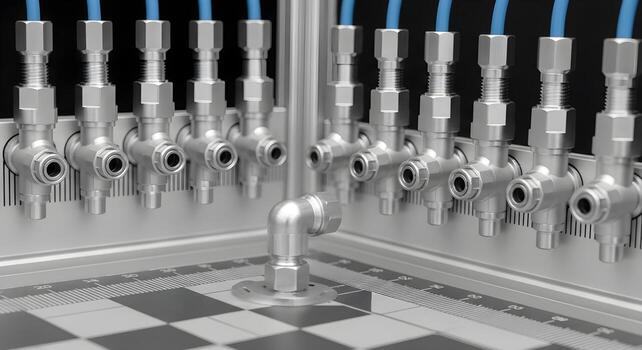 Air fittings and push-to-connect elbows in rows on calibration board with abstract checker pattern, natural light and deep focus. photo
