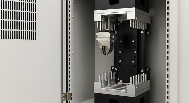 Robot base shims and dowels in mirrored layout within I, O cabinet dooring, deep focus, ultrasharp textures. photo