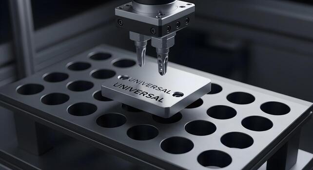 End-effector tool plate with universal bolt pattern in swap rack with cradles, ultra-sharp, clean, brand-neutral. photo