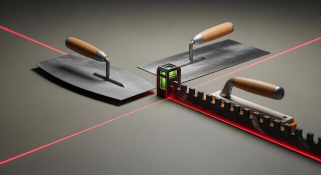 Float, trowel, and edging tool in laser level zone with red plane. Emphasizes textures and edges. Clean, brand-neutral. photo