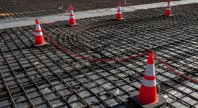 Traffic cones and barrier chain on rebar lattice and vapor barrier. Sharp textures, clean, brand-neutral composition, copy space. photo