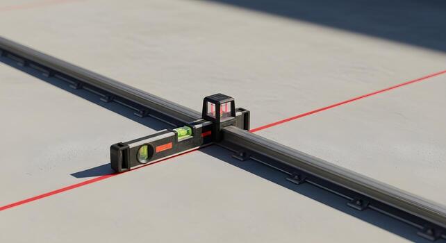 Screed rail offcut and level, with no markings, within laser level zone with red plane across neutral surfaces, natural lighting. photo
