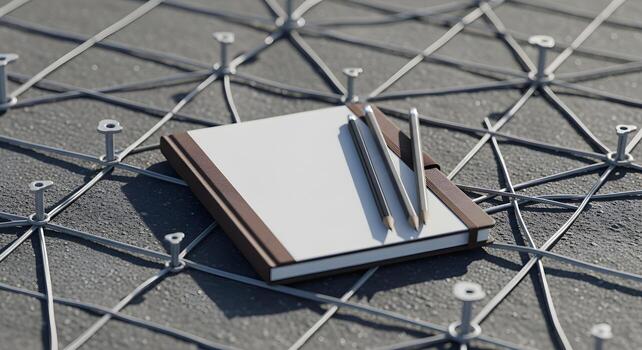 Field notebook with pencils in slope stabilization grid with anchors and mesh, suitable for engineering, safety photo