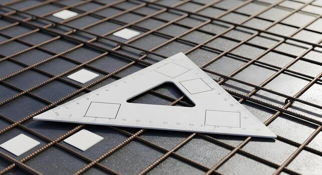 Triangular scale with blank faces and set squares in a bridge deck mockup, emphasizing sharp textures and clean composition. photo