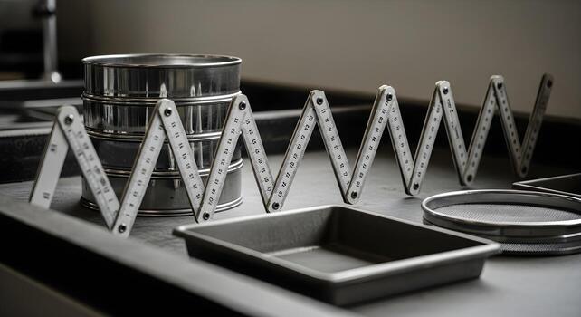 plegable regla articulaciones en suelo laboratorio con tamiz apilar y metal sartenes, ultranítido texturas para ingeniería, la seguridad y operaciones. foto