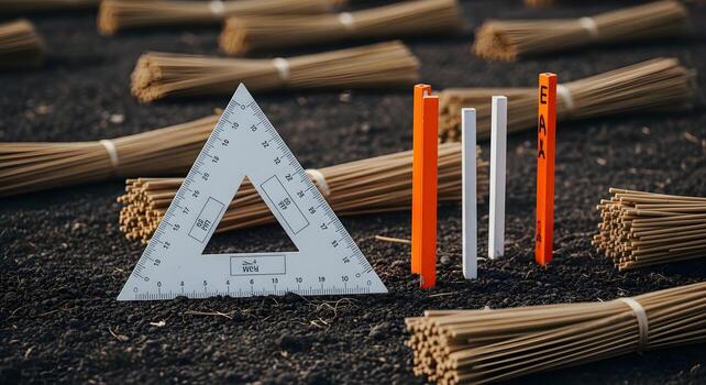 Triangular scale and set squares in a survey stake yard, with clean soil, natural lighting and deep focus. Ideal for engineering. photo