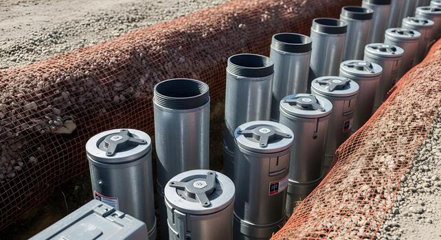 Inclinometer casing sections and caps in utility corridor trench with bedding and warning mesh, emphasizing ultrasharp textures . photo