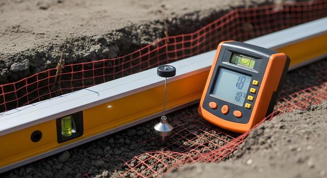 Digital level and plumb bob in utility trench w, bedding and warning mesh photo