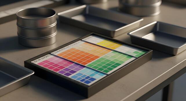 Soil classification color chips on lab bench with sieve stack and metal pans, emphasizing ultra-sharp textures and crisp edges. photo