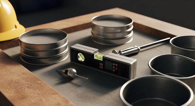 Digital level with plumb bob, sieve stack, and metal pans, emphasizing ultrasharp textures, clean composition, and copy space. photo