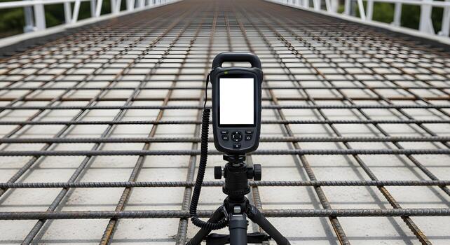 Handheld GPS rover on bipod within bridge deck mockup with rebar spacing template, emphasizing ultrasharp textures and crisp edges photo