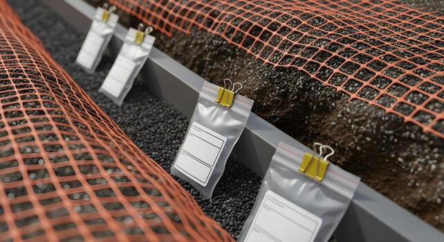 Sample bags with empty labels and clips in utility corridor trench with bedding and warning meshing, ultrasharp textures, . photo