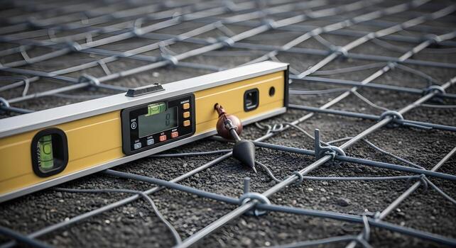 Digital level and plumb bob on slope stabilization grid with anchors and mesh, suitable for engineering, safety, and operations. photo