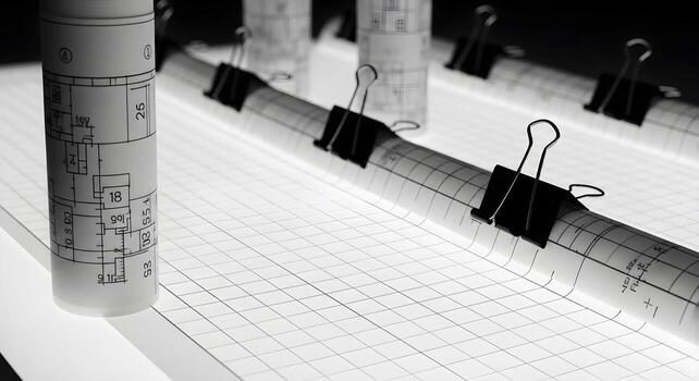 Binder clips holding rolled sheets upright in a light table with translucent sheets and a subtle grid glow photo
