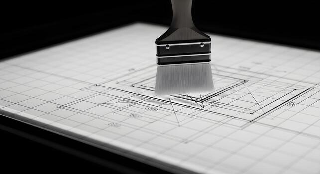 Drafting brush on light table with translucent sheets. Emphasizes sharp textures and crisp edges. Clean, brand-neutral, noise-free. photo