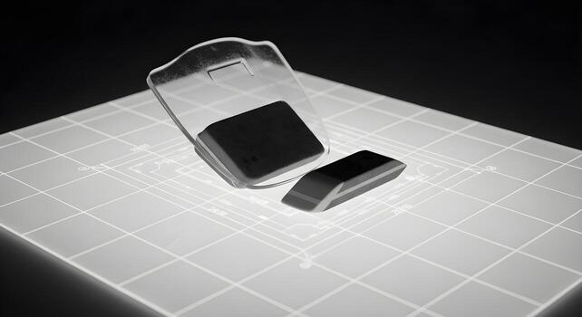 Eraser shield and soft eraser on light table with translucent sheets and grid glow, emphasizing ultrasharp textures photo