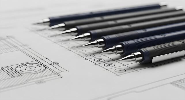 Plotter pens lined by nib size, no numbers, on a mockup sheet with abstract lines photo