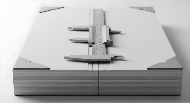 Metal ruler and caliper aligned on centerline in tracing stack with corner weights and smooth fibers, emphasizing ultrasharp textures photo