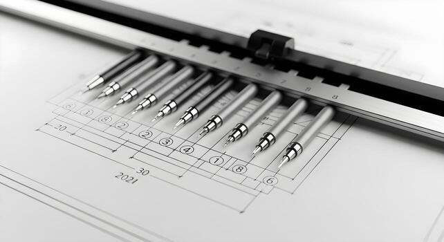 Plotter pens by nib size on drafting board with parallel motion bar. Natural light, deep focus for sharp textures, crisp edges. photo