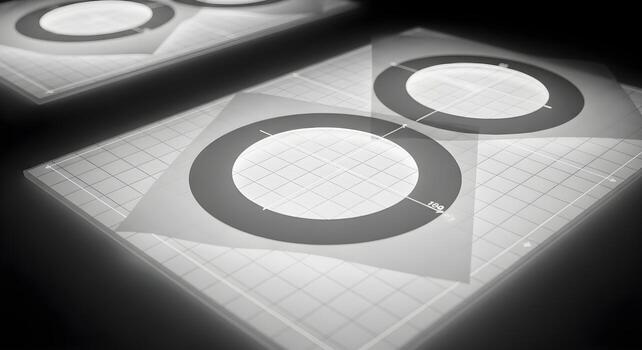 Circle template with plain apertures on light tableing, deep focus, sharp textures, clean, brand-neutral. photo