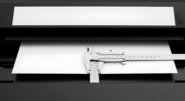 Metal ruler and caliper aligned on centerline in large-format printer output traying, deep focus, ultrasharp textures photo