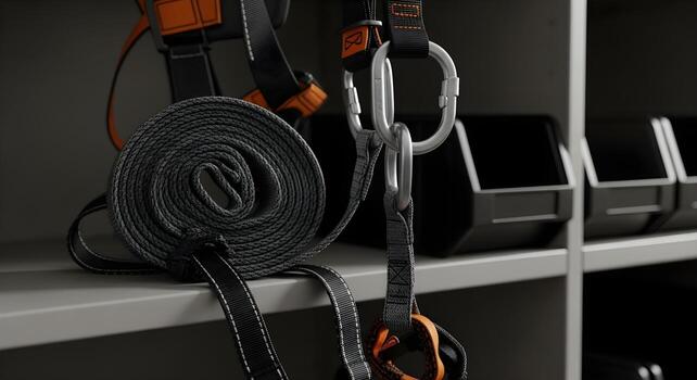 Harness and lanyard coiled on shelf with binsing, deep focus, sharp textures photo