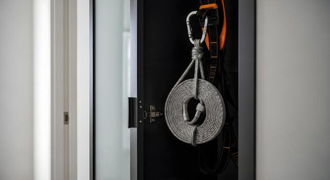 Harness and lanyard coiled in mirrored loops in a hallway cabinet with a glass front, emphasizing sharp textures and crisp edges. photo