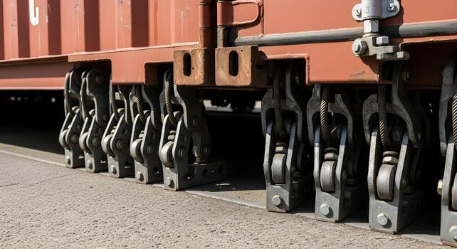 Lashing bars and turnbuckles in container corner casting, captured with natural light emphasizing ultrasharp textures . photo