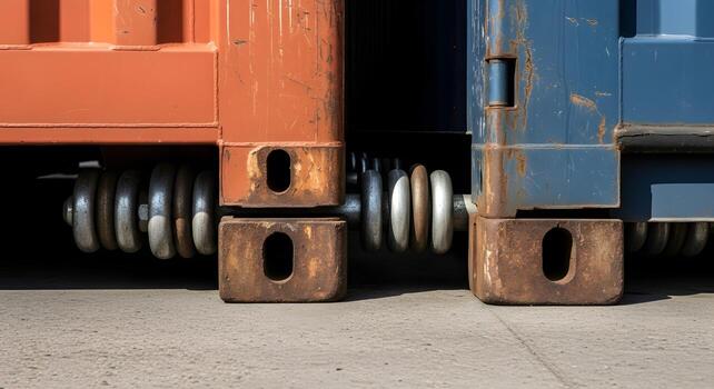 Spreader beam shackles and pins aligned within container corner casting close-up, emphasizing ultrasharp textures and crisp edges. photo