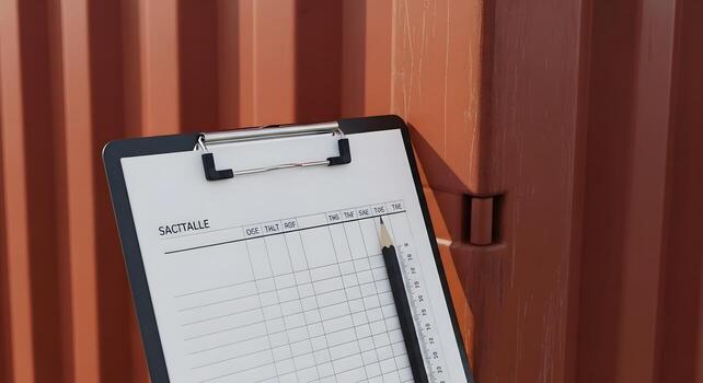Blank tally clipboard with pencil and ruler in container, natural light, deep focus on sharp textures and edges, clean, brand-neutral photo