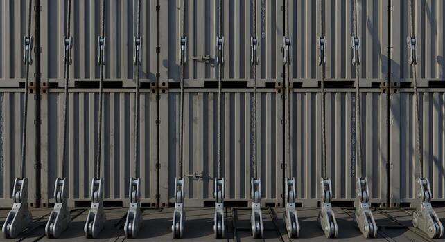 Lashing bars and turnbuckles in yard stacks of plain containers, emphasizing ultra-sharp textures for engineering, safety, and ops photo