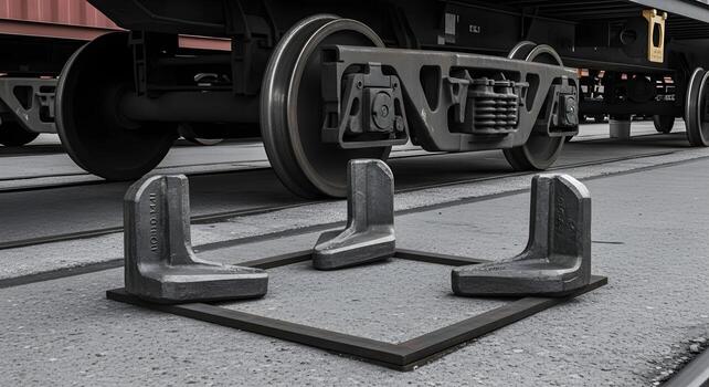 Corner castings, square on ground, spreader beam, wheels on rail, grease lines, deep focus, sharp textures photo