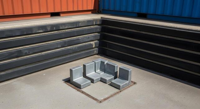 Corner castings on ground within dock fender wall, with layered rubber textureing, deep focus, sharp textures photo