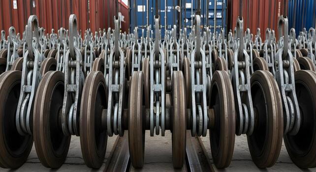 Lashing bars and turnbuckles in measured rows on rail with grease lines, captured with natural lighting and deep focus photo
