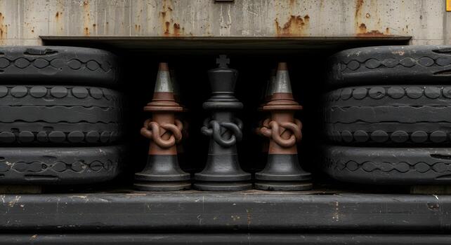 Twistlocks and cones arranged like chess pieces within a dock fender wall, emphasizing ultrasharp textures and crisp edges. photo