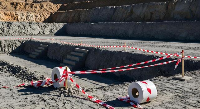Reflective tape and flagging strips in open pit bench with safety berm, ultra-sharp textures, clean, suitable for engineering. photo