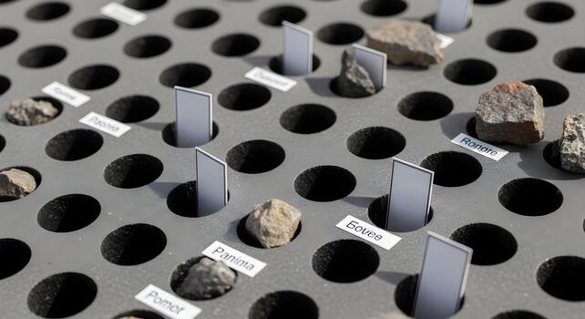 Rock specimen labels empty on tray within blast pattern grid, with drilled holes and clean spacing photo