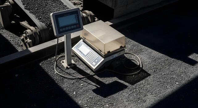 Portable scale with covered display in crusher feed belt with ore fines and shadow rhythm photo
