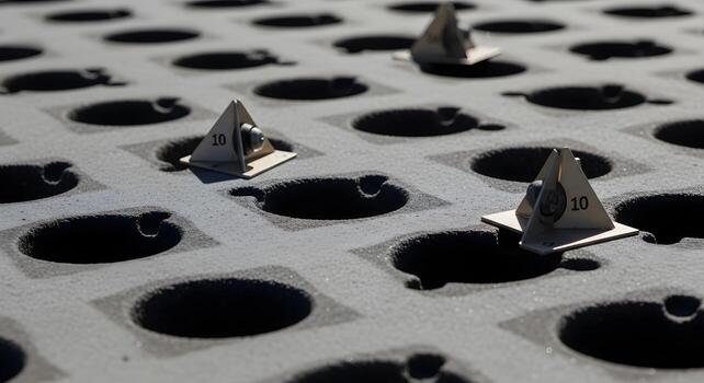 Survey prisms and targets on a blast pattern grid with drilled holes, captured with natural lighting and deep focus. photo