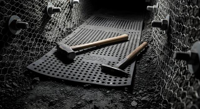 Geologist hammer and chisel on rubber mat placed within underground rib with rock bolts and mesh pattern photo