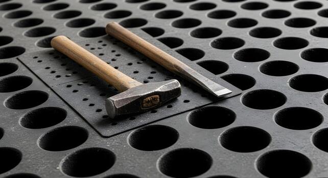 Geologist hammer and chisel on rubber mat, blast pattern grid with drilled holes, deep focus, sharp textures photo