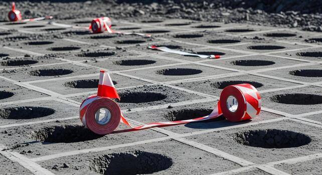 Reflective tape rolls and flagging strips in blast pattern grid with drilled holes and clean spacing, deep focus on ultrasharp texture photo