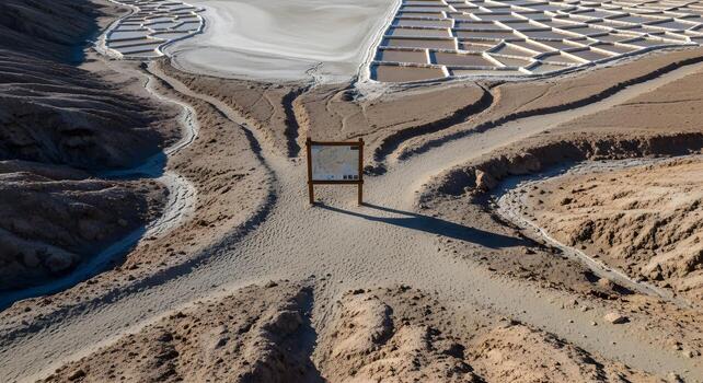 Unmarked map board in desert basin with salt polygons and dunes, emphasizing sharp textures, clean, brand-neutral photo